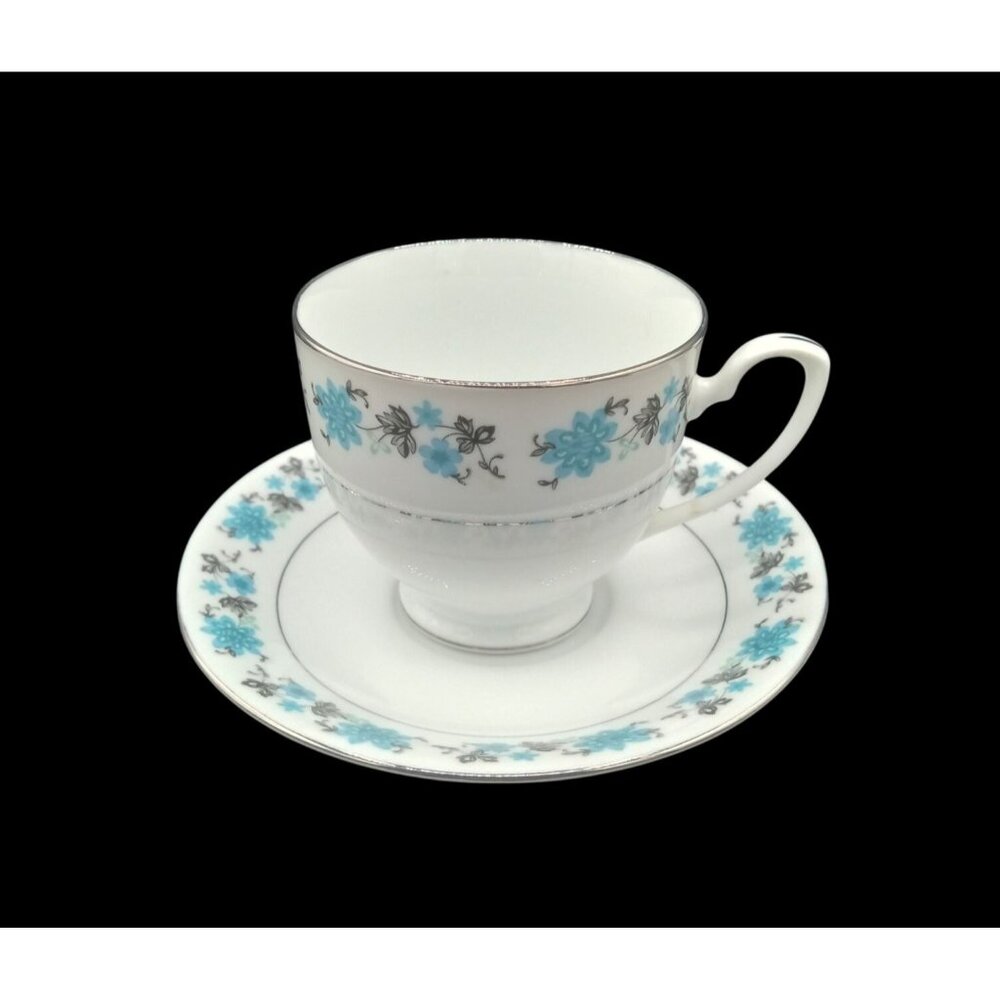 Teacup Saucer Footed China With Blue Flowers Silver Leaves Trim Pattern Vintage